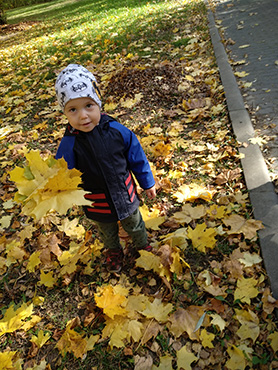 Chłopczyk trzyma w rączce  kolorowe liście